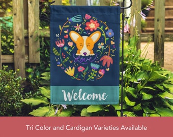 Corgi Garden Flag - Double Sided Unique Corgi Gift - Pembroke / Cardigan Corgis - Flower Love Corgi  - Tri Color/Merle/Brindle Corgis