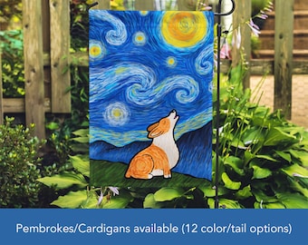 Double Sided Starry Night Corgi Garden Flag - Unique Corgi Gift - Pembroke and Cardigan Corgis -  Starry Baroo - Tri Color/Merle Corgis