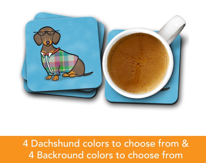 Dachshund Coasters - Fun Dachshund Coasters - Set of 4 - Dachshund Gift - Choose Dachshund Colors & Background Color