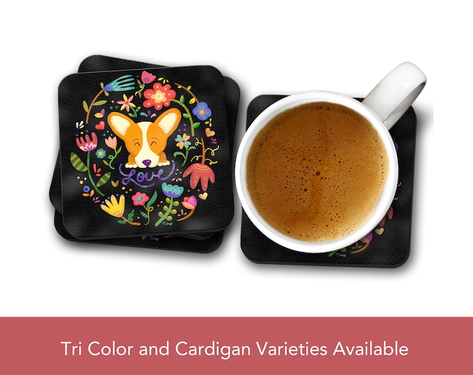 Flower Love Corgi Coasters - Corgi Coasters - Set of 4 - Tri Colors, Merle, Brindle, etc.