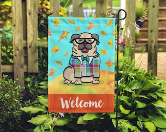 Double Sided BOY Pug Garden Flag - Unique Pug Gift - Pug -  Autumn Fall Pug Garden Flag