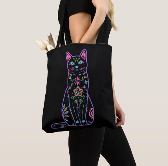 Cat Tote Bag - Color Sugar Skull cat tote bag - cat Lover Gift - cat gift
