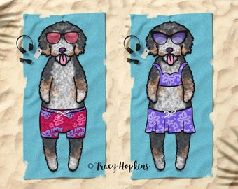 Bernedoodle Beach Towel - 30" x 60" or 36" x 72" - Boy or Girl Sunbathing Bernedoodle Towel | Berne doodle Gift