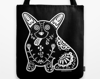 Sugar Skull Corgi Tote Bag - Dia de los Muertos - Dia de los Corgis - Pembroke Welsh Corgi Tote Bag - Corgi - Pet Lover Gift