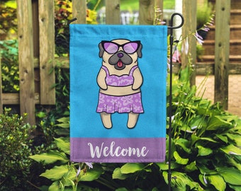 Pug Garden Flag (GIRL) - Unique Pug Gift - GIRL Sunbathing Pug Garden Flag