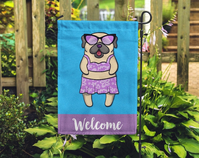 Pug Garden Flag (GIRL) - Double Sided - Unique Pug Gift - GIRL Sunbathing Pug Garden Flag