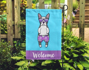 Double Sided Boston Terrier Garden Flag (BOY) - Unique Boston Terrier Gift - BOY Sunbathing Boston Terrier Garden Flag