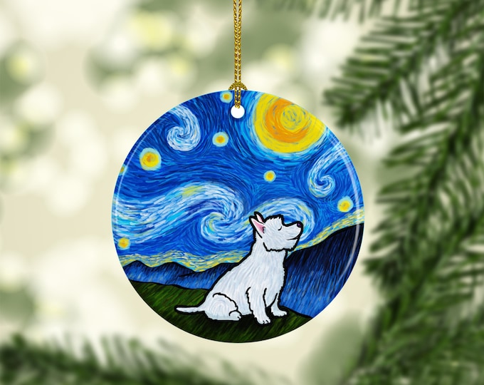 Westie Ornament - West Highland Terrier - Starry Night Westie Ornament - 3" double sided ceramic ornament