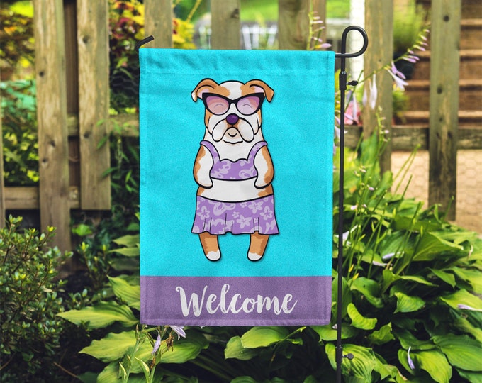 English Bulldog Garden Flag (GIRL) (Double Sided)- Unique English Bulldog Gift - GIRL Sunbathing English Bulldog Garden Flag