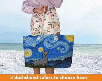 Dachshund Weekender Beach Tote Bag (Choose Black/Tan, Chocolate, or Red Dachshunds) - Starry Night dachshund