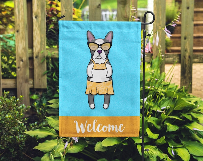 Boston Terrier Garden Flag (GIRL) - Double Sided - Unique Boston Terrier Gift - GIRL Sunbathing Boston Terrier Garden Flag