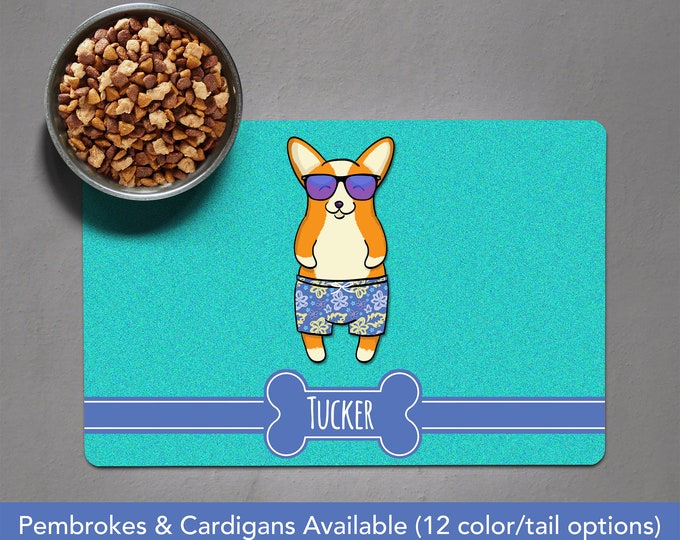 Personalized BOY Corgi Placemat - Dog Bowl Pet Mat - Pembroke and Cardigan Corgi Varieties Available - choose corgi and frame shape