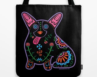 Color Sugar Skull Corgi Tote Bag - Dia de los Muertos - Dia de los Corgis - Pembroke Welsh Corgi Tote Bag - Corgi - Pet Lover Gift