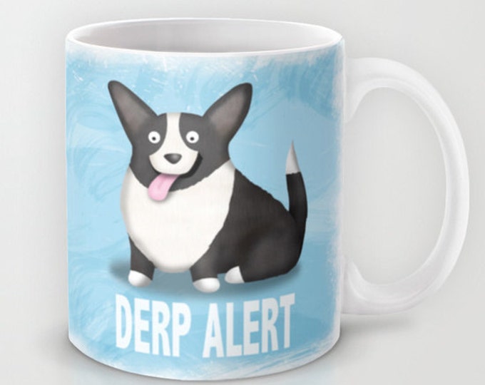 Cardigan Corgi Coffee Mug- Black and White Cardigan Corgi - Pet Lover Gift - Derp - CHOOSE BACKGROUND COLOR