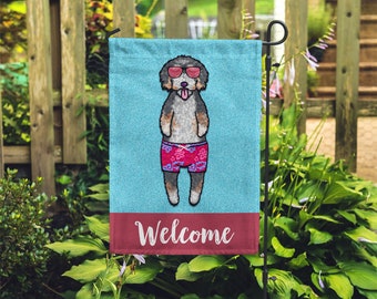 Bernedoodle Garden Flag (BOY) - Double Sided Unique Bernedoodle Gift -  Berne Doodle Dog Gift - BOY Sunbathing Bernedoodle Garden Flag