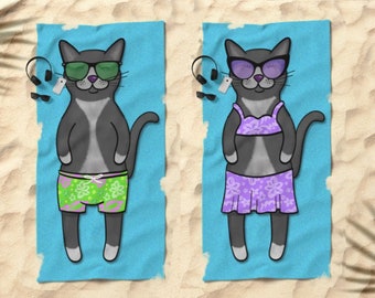 Tuxedo Cat Beach Towel - Tuxedo Cat Gifts - 30" x 60" or 36" x 72" - Gift for Cat Lovers - Boy or Girl Sunbathing Tux Cat