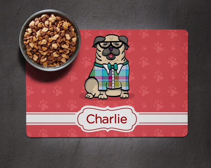 Personalized Pug Placemat - Dog Bowl Place Mat - Pug Gift  - choose color scheme/frame shape/font