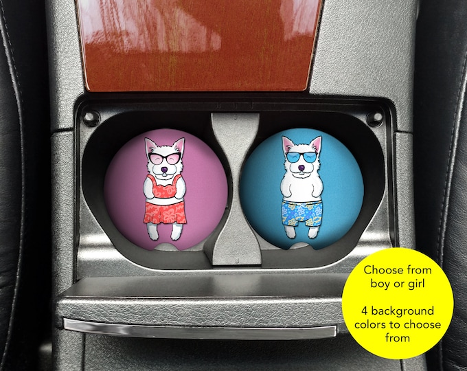 Sunbathing Westie Car Coasters - Set of 2 Westie Sandstone Car Coasters - Unique Westie Gift - Westie