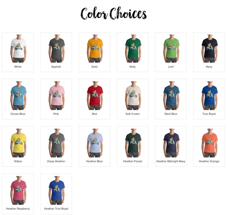 May include: A selection of t-shirt colors with a graphic of a person riding a scooter. The colors include white, asphalt, gold, kelly, leaf, navy, ocean blue, pink, red, soft cream, steel blue, true royal, yellow, deep heather, heather blue, heather forest, heather midnight navy, heather orange, heather raspberry, and heather true royal.