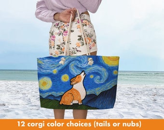 Starry Night - Corgi Weekender Beach Tote Bag (Pembroke or Cardigan) - Starry Corgi Bag