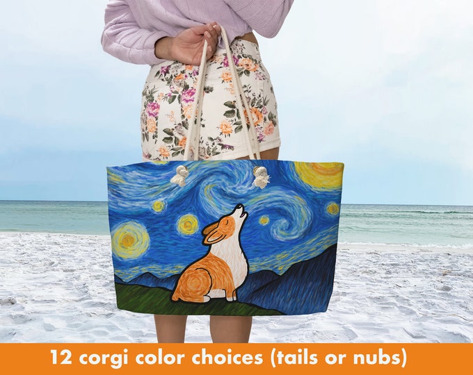 Starry Night - Corgi Weekender Beach Tote Bag (Pembroke or Cardigan) - Starry Corgi Bag