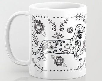 Sugar Skull Black & White Dachshund Mug - Dachshund Coffee Mug - Dia de los muertos - Dia de los Doxies - Pet Lover Gift- Doxie Mug
