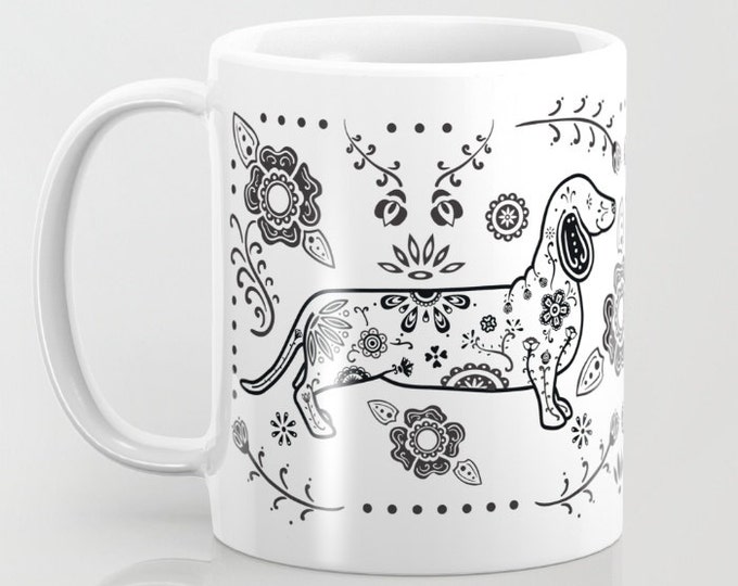Sugar Skull Black & White Dachshund Mug - Dachshund Coffee Mug - Dia de los muertos - Dia de los Doxies - Pet Lover Gift- Doxie Mug