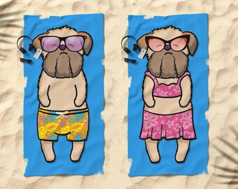 Beige Brussels Griffon Beach Towel - Brussels Griffon Gift - 30" x 60" or 36" x 72" - Boy or Girl Sunbathing Brussels Griffon