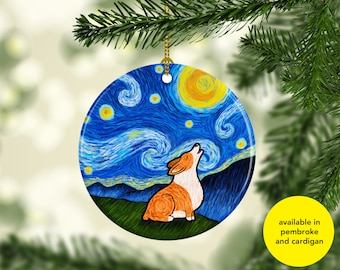 Corgi Ornament - Available in pembroke and cardigan colors - Starry Night Corgi Ornament - 3" double sided ceramic ornament