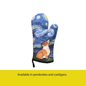 May include: A blue and yellow oven mitt with a painting of a corgi howling at the moon. The painting is reminiscent of Van Gogh's Starry Night.
