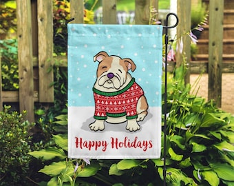 Holiday English Bulldog Garden Flag - Double Sided - Unique English Bulldog Gift - English Bulldogs - Holiday English Bulldog Garden Flag