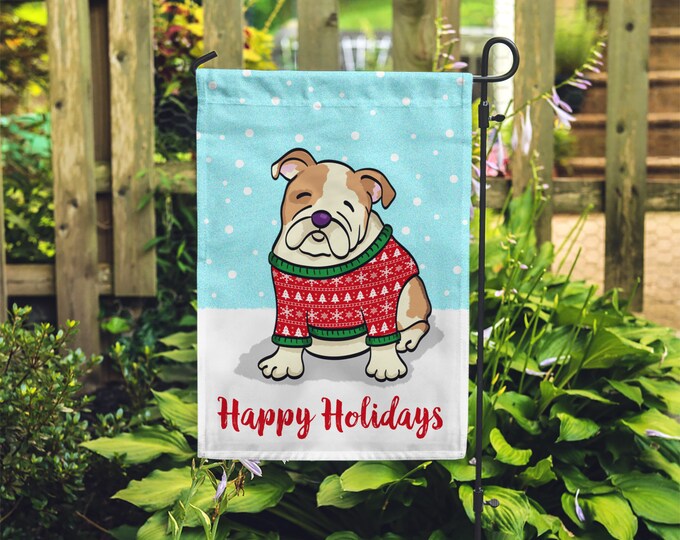 Holiday English Bulldog Garden Flag - Double Sided - Unique English Bulldog Gift - English Bulldogs - Holiday English Bulldog Garden Flag