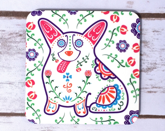 Sugar Skull Corgi Coasters - Set of 4 - Dia de los corgis -  Welsh Corgi Coasters - Day of the Dead - Dia de los Muertos Corgi Coaster