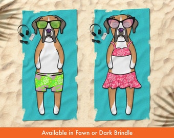 Boxer Beach Towel - Fawn or Brindle Cute Boxer Gift - 30" x 60" or 36" x 72" - Boy or Girl Sunbathing Boxer - Funny Boxer Art