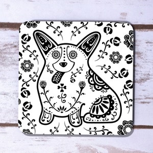 Sugar Skull Corgi Coasters Set of 4 Dia de los corgis Welsh Corgi Coasters Day of the Dead Dia de los Muertos Corgi Coaster image 2