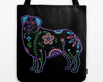 Color Sugar Skull Australian Shepherd Tote Bag - Dia de los Muertos - Dia de los Aussies - Australian Shepherd Tote Bag - Pet Lover Gift