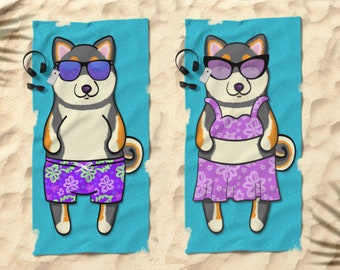 Black and Tan Shiba Inu Beach Towel - Cute Shiba Inu Gift - 30" x 60" or 36" x 72" - Boy or Girl Sunbathing Shiba Inu - Funny Shiba Inu Art