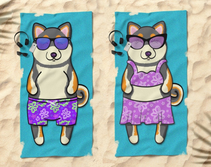 Black and Tan Shiba Inu Beach Towel - Cute Shiba Inu Gift - 30" x 60"- Boy or Girl Sunbathing Shiba Inu - Funny Shiba Inu Art