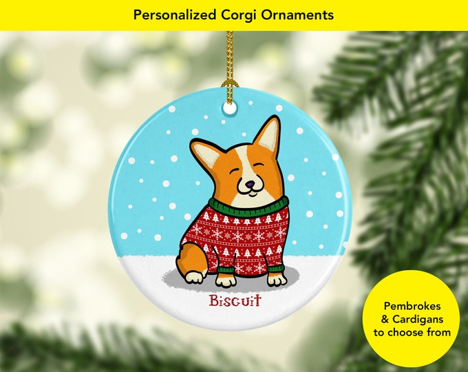 Personalized Corgi Ornament - Available in Pembroke and Cardigan Corgis - Tri color corgi - merle corgi - 3" double sided ceramic ornament
