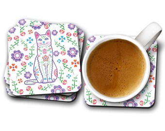 Sugar Skull Cat Coasters - Set of 4 - Dia de los Gatos -  Cat Coasters - Day of the Dead - Dia de los Muertos