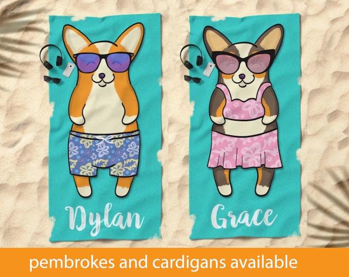 Personalized Corgi Beach Towel - 30" x 60" or 36" x 72" - Different Corgi Colors Available - Boy or Girl Sunbathing Corgi Towel | Corgi Gift
