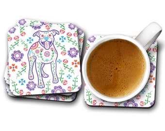 Sugar Skull Pit Bull Coasters - Set of 4 - Dia de los Pit Bulls -  Pitbull Coasters - Day of the Dead - Dia de los Muertos Pit Bull Coaster