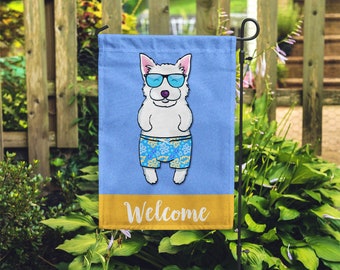 Double Sided Westie Garden Flag (BOY) - Unique Westie Gift - BOY Sunbathing Westie Garden Flag - West Highland Terrier