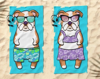 English Bulldog  Beach Towel - Bulldog Gift - 30" x 60" or 36" x 72" - Gift for English Bulldog Lovers - Boy or Girl Sunbathing Bulldog