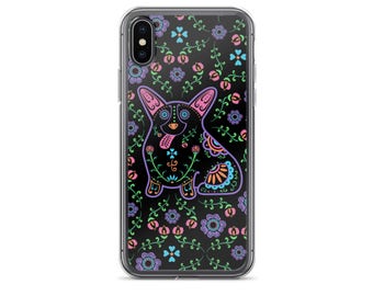 Corgi Phone Case - Corgi Gift - iPhone & Samsung Galaxy choices -  Color on Black Sugar Skull Corgi