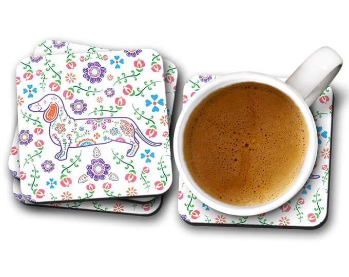 Sugar Skull Dachshund Coasters - Set of 4 - Dia de los Weiner Dogs -  Dachshund Coasters - Day of the Dead - Dia de los Muertos
