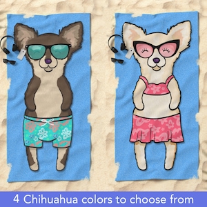 May include: Two illustrated chihuahua dogs wearing sunglasses and summer clothes. The chihuahua on the left is wearing blue swim trunks with a floral pattern. The chihuahua on the right is wearing a pink bikini top and a pink skirt with a floral pattern. Both dogs are lying on blue beach towels.