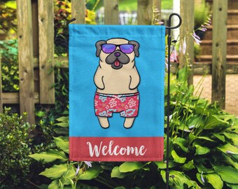 Double Sided Pug Garden Flag (BOY) - Unique Pug Gift - BOY Sunbathing Pug Garden Flag