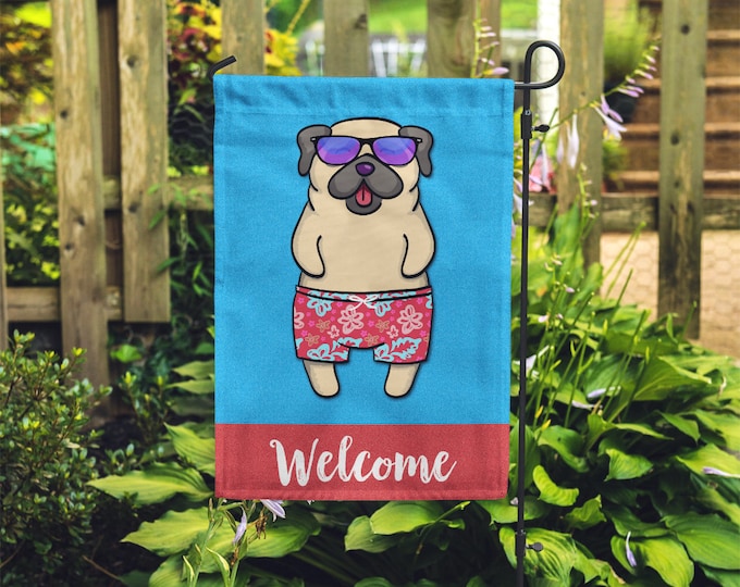 Double Sided Pug Garden Flag (BOY) - Unique Pug Gift - BOY Sunbathing Pug Garden Flag
