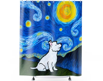 Westie West Highland Terrier Shower Curtain - Starry Night Westie Shower Curtain - Westie Gift